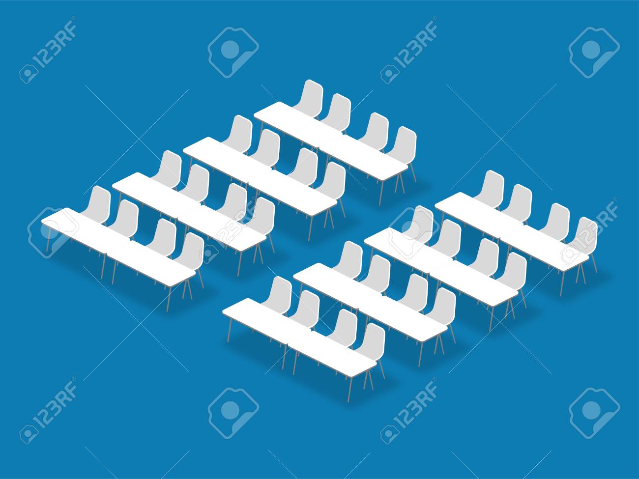 会議室のセットアップレイアウト構成教室アイソメスタイルのイラスト 青色の背景に影を持つパースペクティブ3dのイラスト素材 ベクタ Image