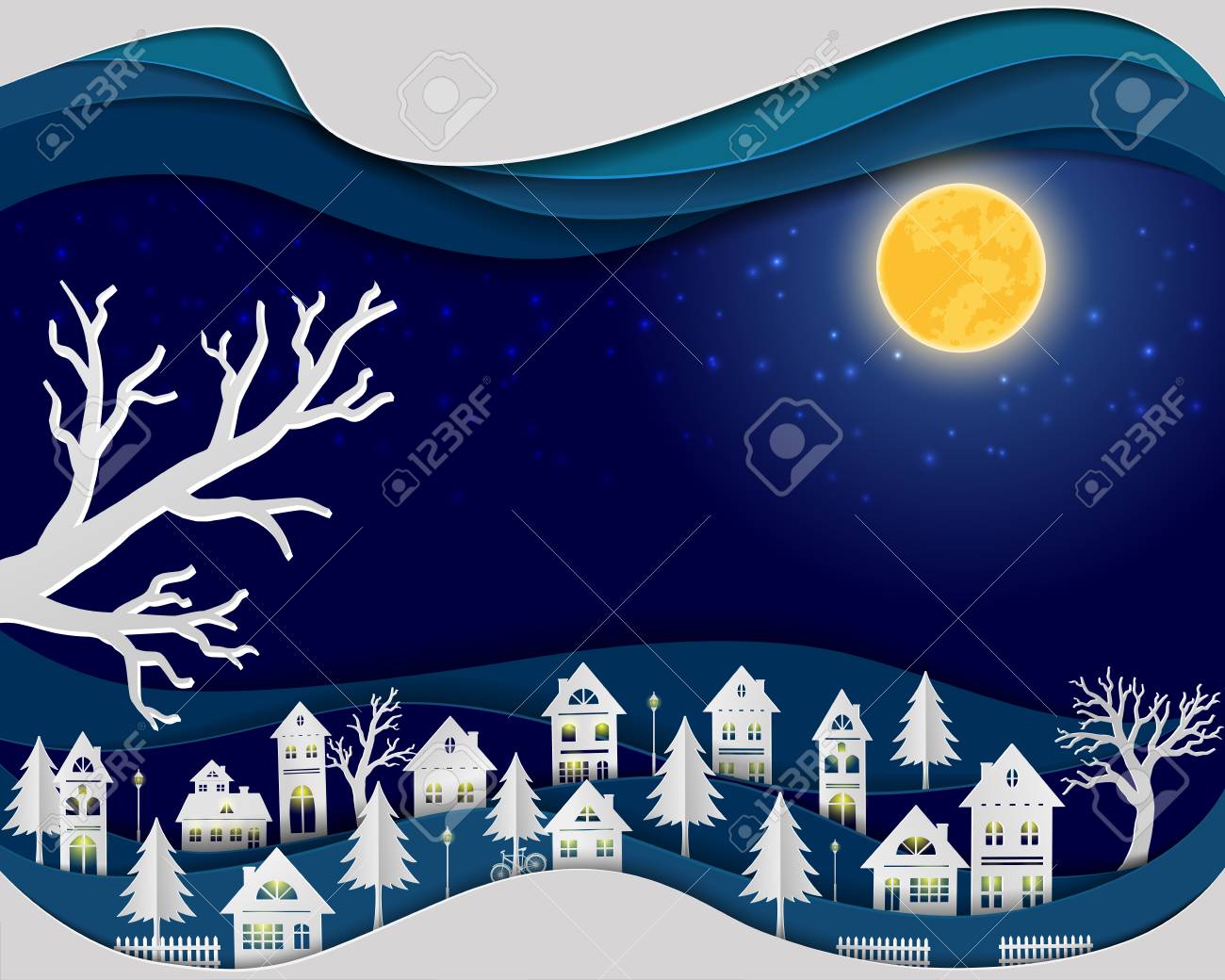 Paper Art Design Of Urban Countryside Landscape In Night Scene Royalty Free Cliparts Vectors And Stock Illustration Image 102745092