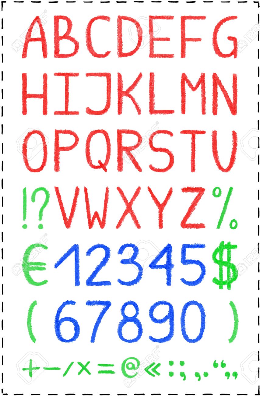 オイル パステル クレヨンのアルファベット 手描きのフォント 大胆なカラフルな赤キャップの文字 青色の数字と緑の句読点 ユーロ ドル記号 白で隔離 かわいいタイポグラフィーと装飾 のイラスト素材 ベクタ Image