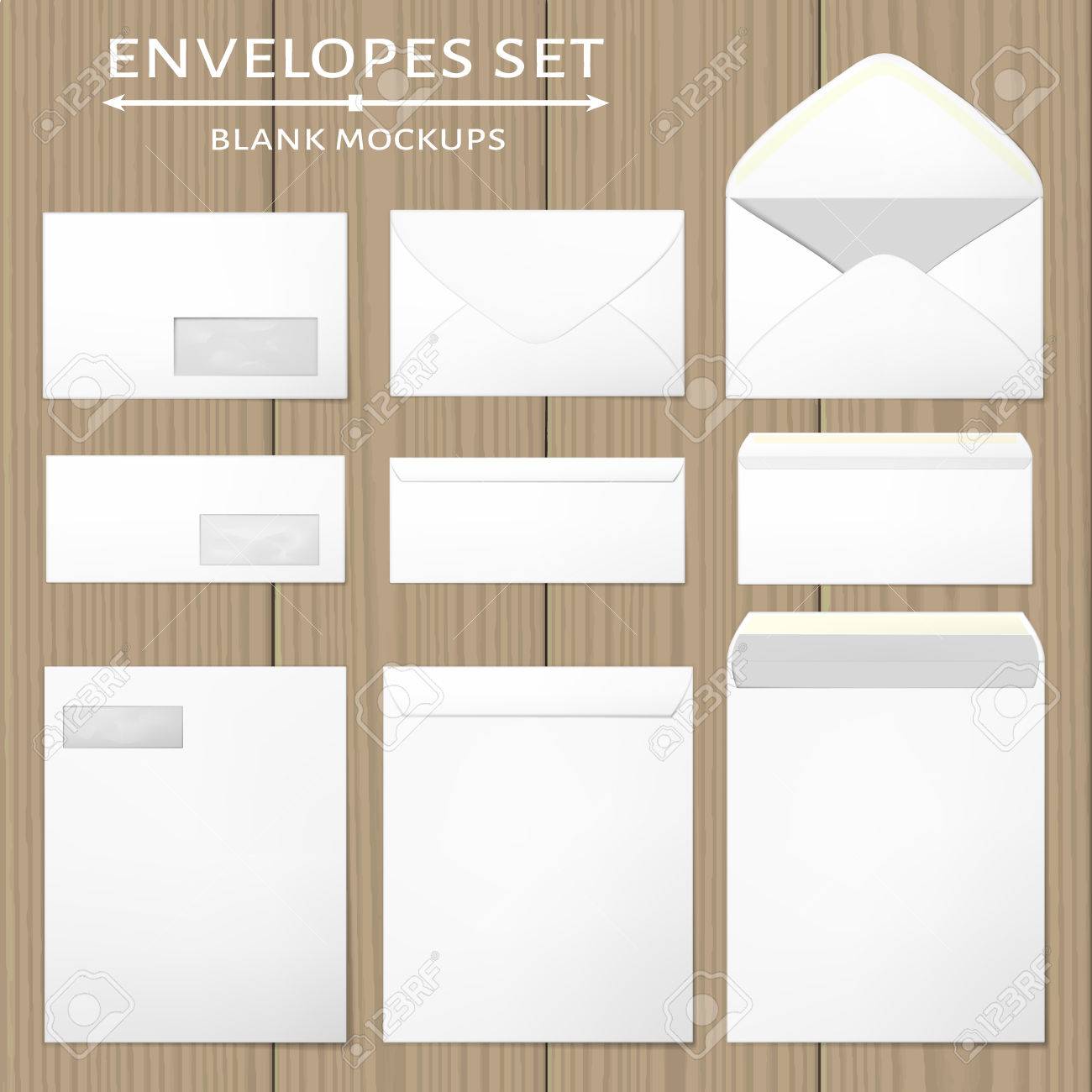 Trois Enveloppes Blanches Fixes Maquettes Vides Dans Trois Vues Avant Et Arriere Ouverte Et Fermee Fenetre Transparente A L Avant De Chaque Enveloppe Peut Etre Retiree Format A4 Complet Et Plie Vector Illustration