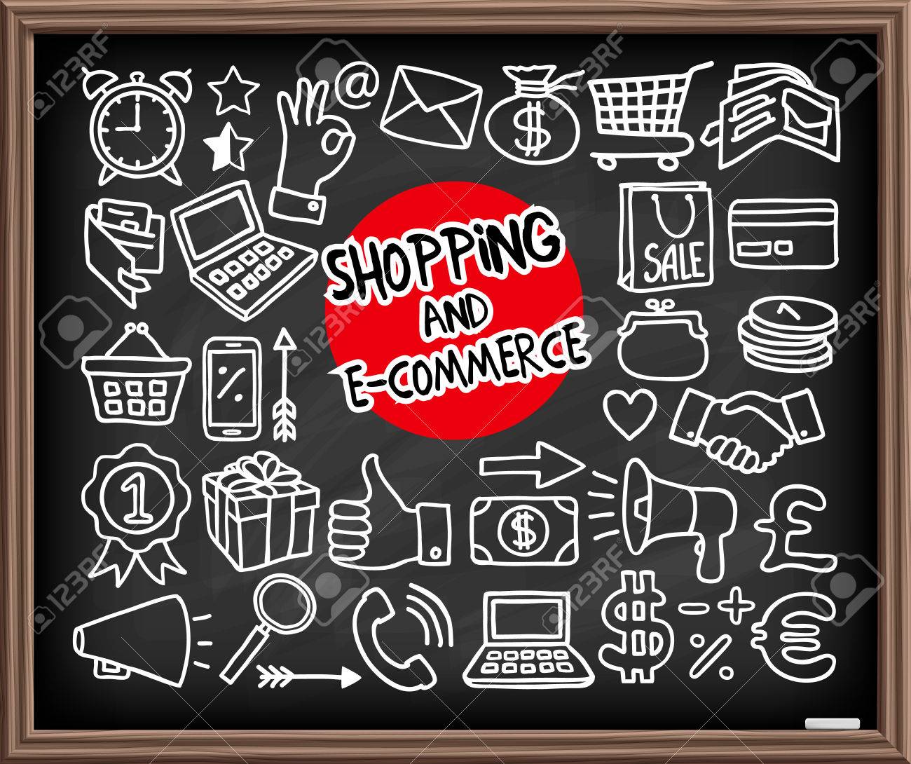 落書きショッピング E コマースのアイコンを設定します チョーク ボード効果図面 フリーハンド ショッピング バッグ カート コイン ギフト ボックス エンブレム 親指 目覚まし時計 ラップトップのグラフィック要素を描画します ベクトル図のイラスト素材