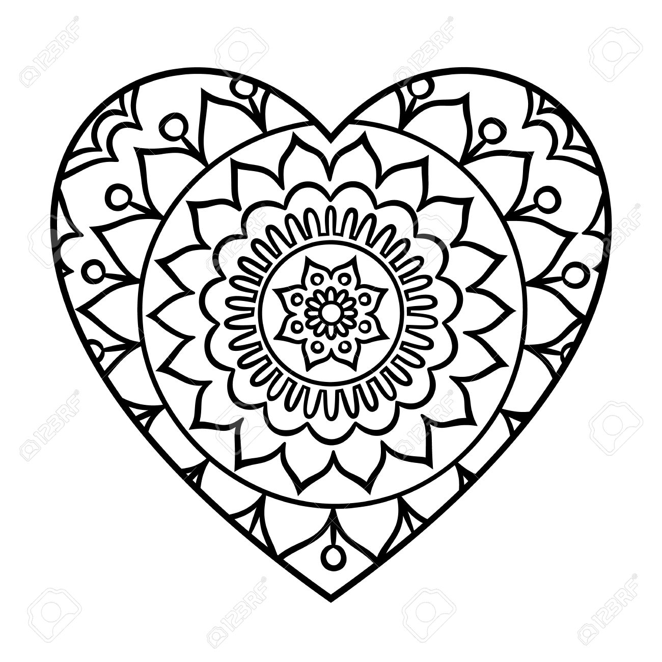 Doodle Heart Mandala Coloring Page Outline Floral Design Element In A Shape