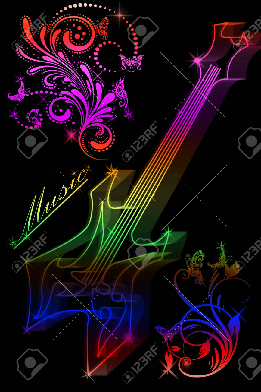 Multicolored silhouette of a guitar on a black background - 9420778 Multicolored silhouette of a guitar on a black background - 9420778