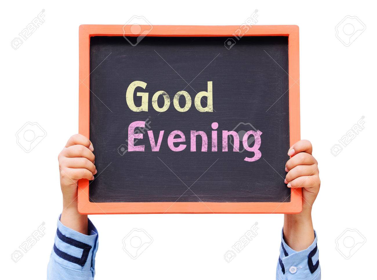 Hands Holding Blackboard With Good Evening Message Stock Photo ...