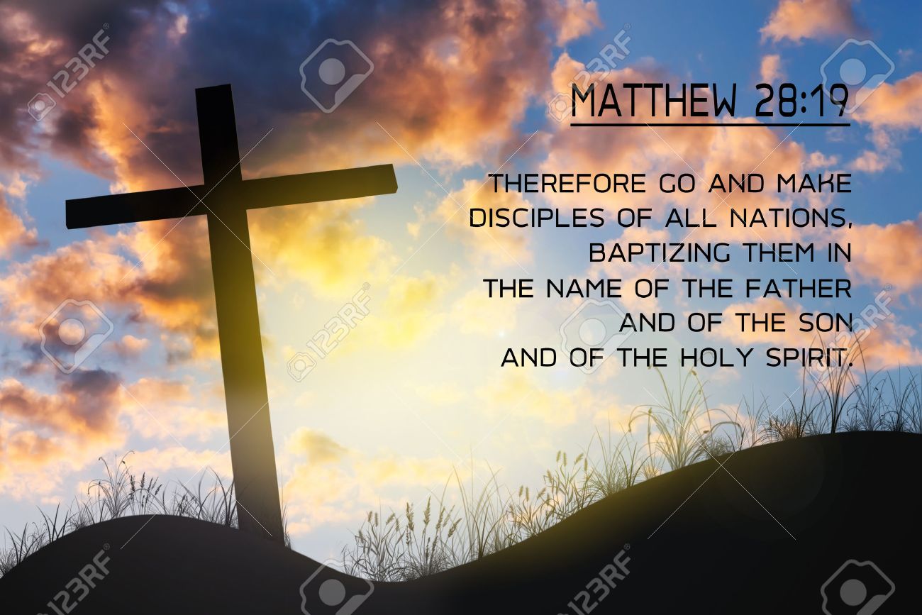 Matthew 2819 Key Bible Verses On Background Of Cross On Hill