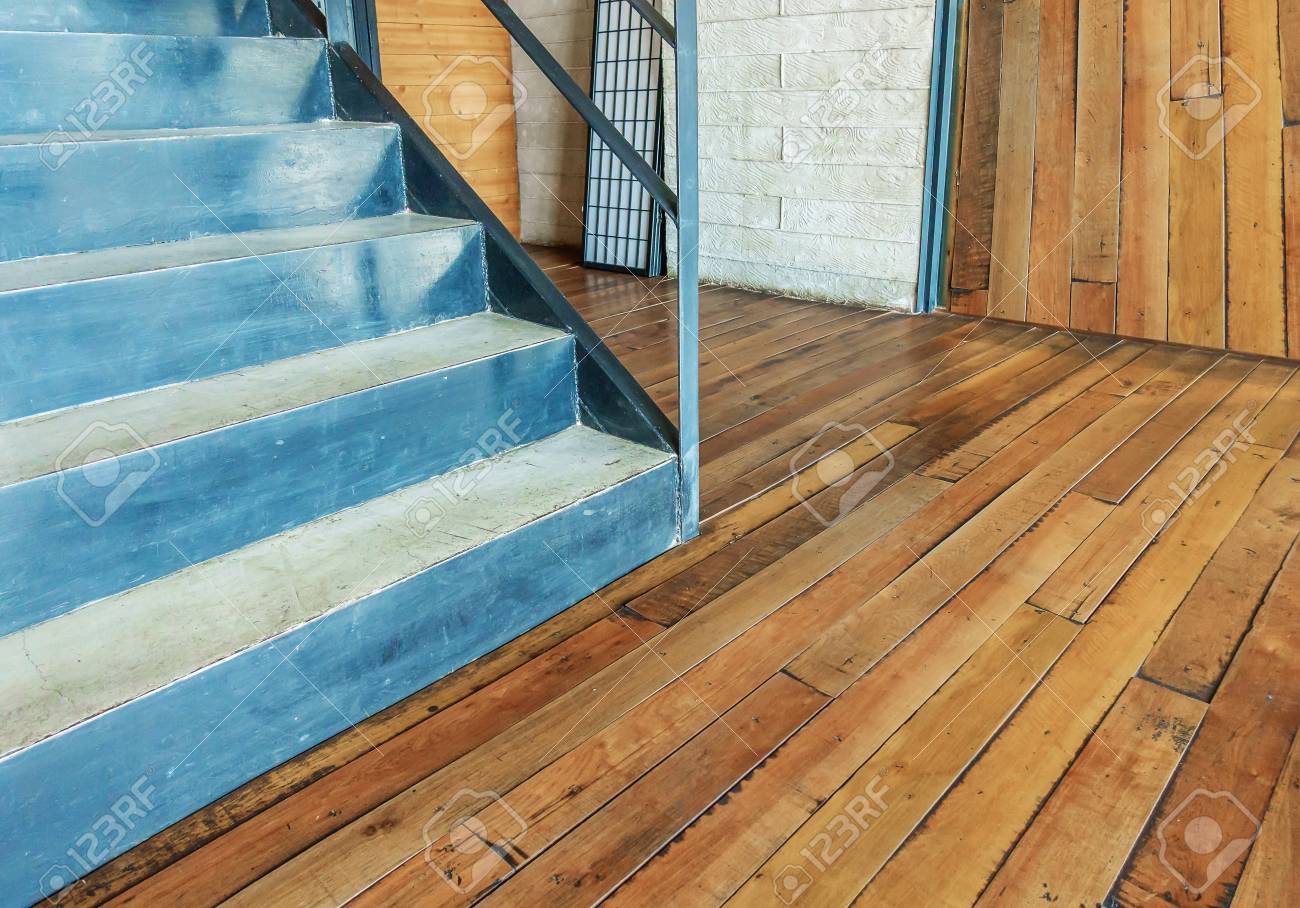 Stairway Concrete With Iron And Wooden Floor In A Modern Building