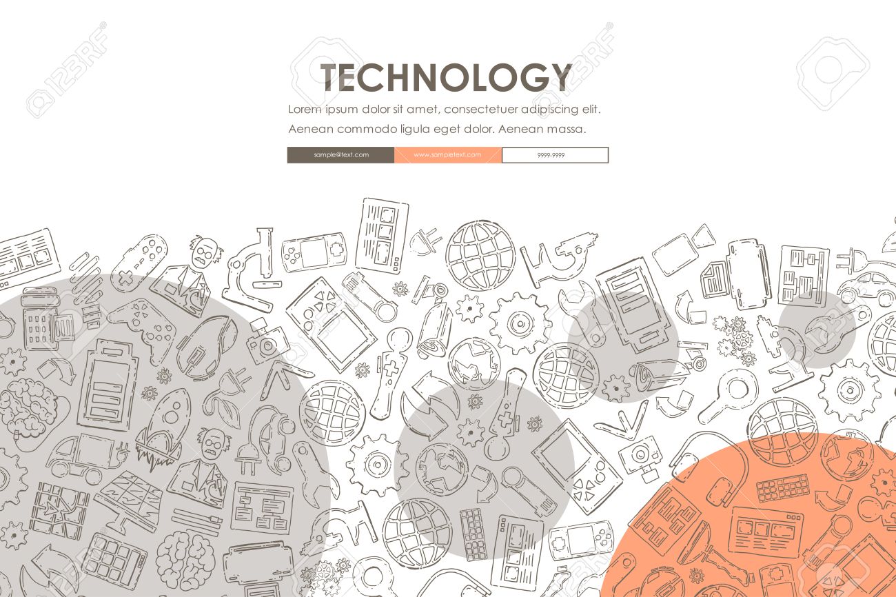 technology website template design with doodle background royalty