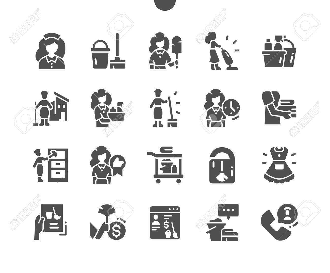 하녀. 청소 서비스. 집 청소부. 메이드 체크리스트. 깨끗한 수건. 벡터 솔리드 아이콘입니다. 간단한 그림 로열티 무료 사진, 그림,  이미지 그리고 스톡포토그래피. Image 190189495