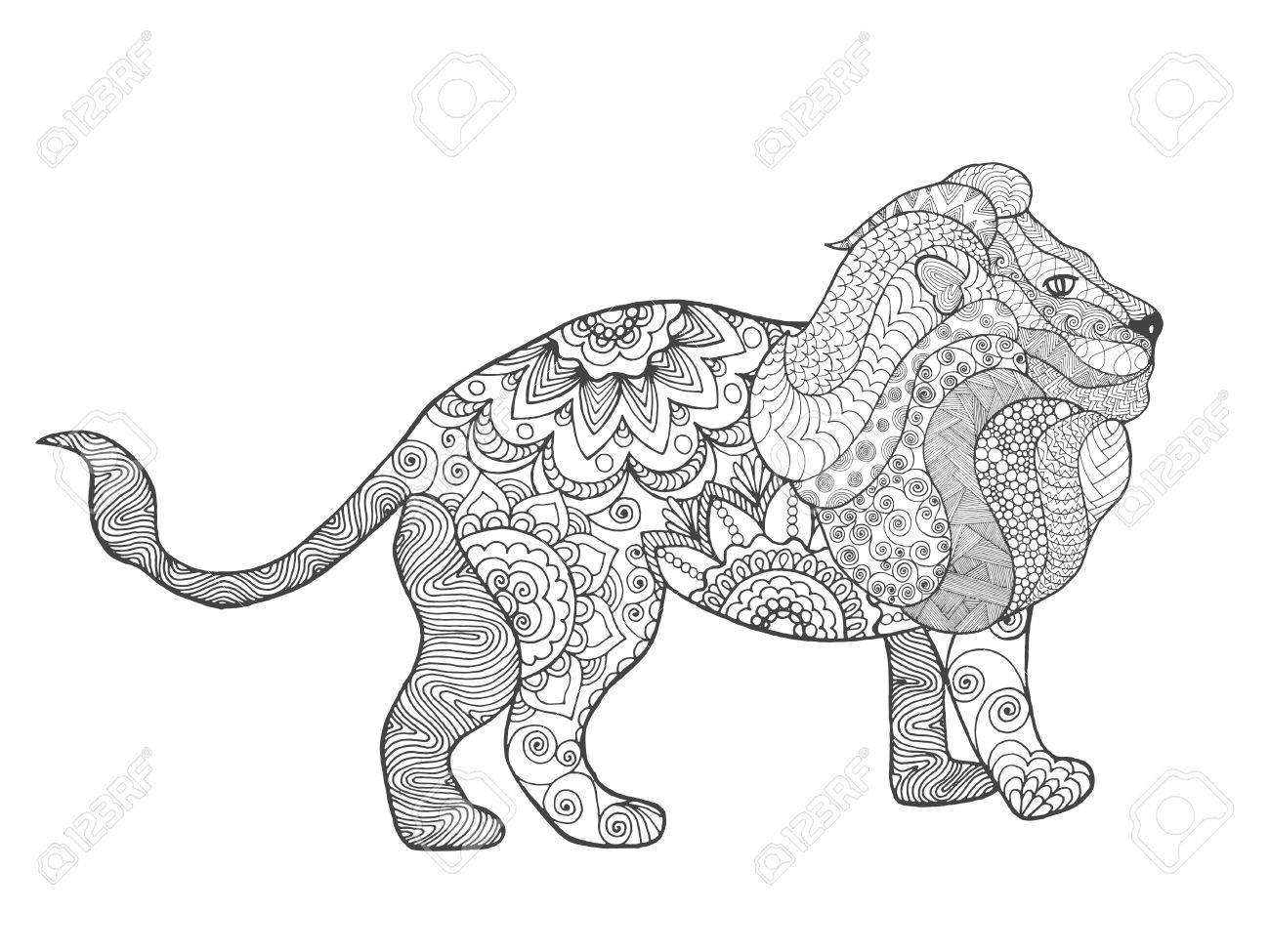 Coloring Pages Totem Animals : Lion adult antistress coloring page black white hand drawn Coloring Pages Totem Animals : Lion adult antistress coloring page black white hand drawn