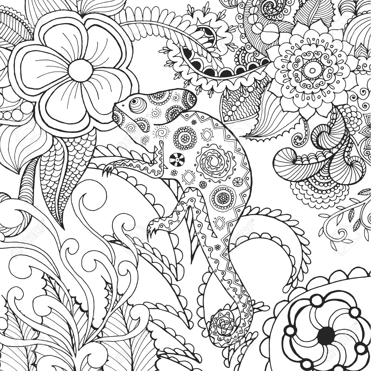 ファンタジーの花でかわいいカメレオン 動物 手描き落書き 民族模様のイラスト アフリカ インド トーテム タトゥーのデザイン アバター タトゥー ポスター プリントのスケッチや T シャツ のイラスト素材 ベクタ Image