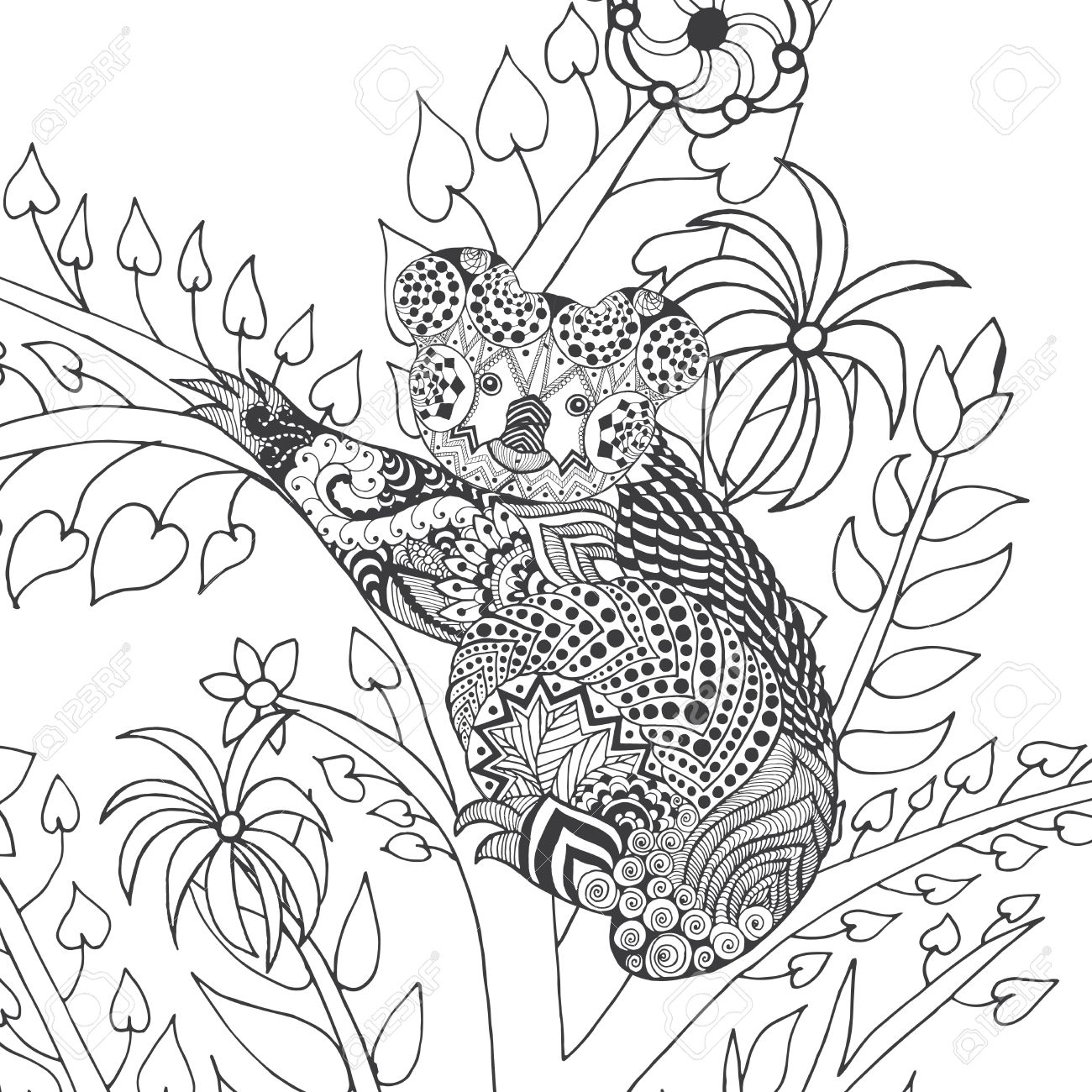 Koala on tree coloring page Animals Hand drawn doodle Ethnic patterned illustration