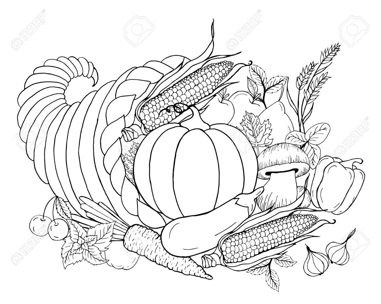 Thanksgiving cornucopia with ve ables Horn of plenty Black white hand drawn vector illustration