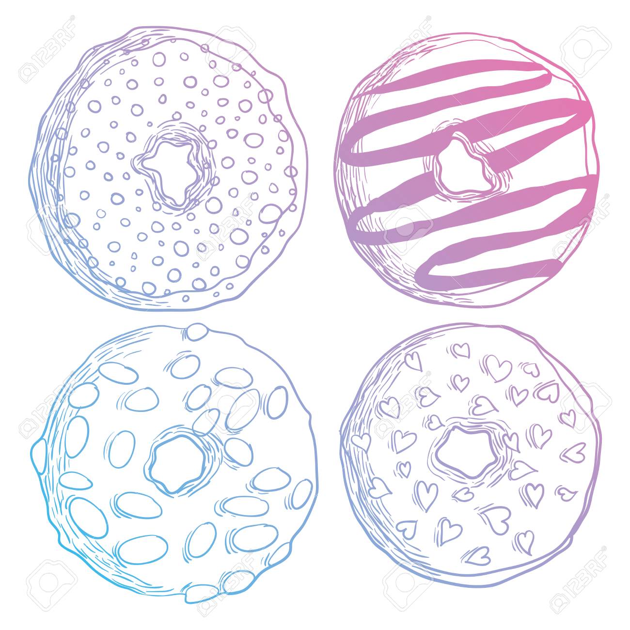 Ensemble De Beignets Stylisés Bonbons Gâteau Produits De Boulangerie Dessin Au Trait