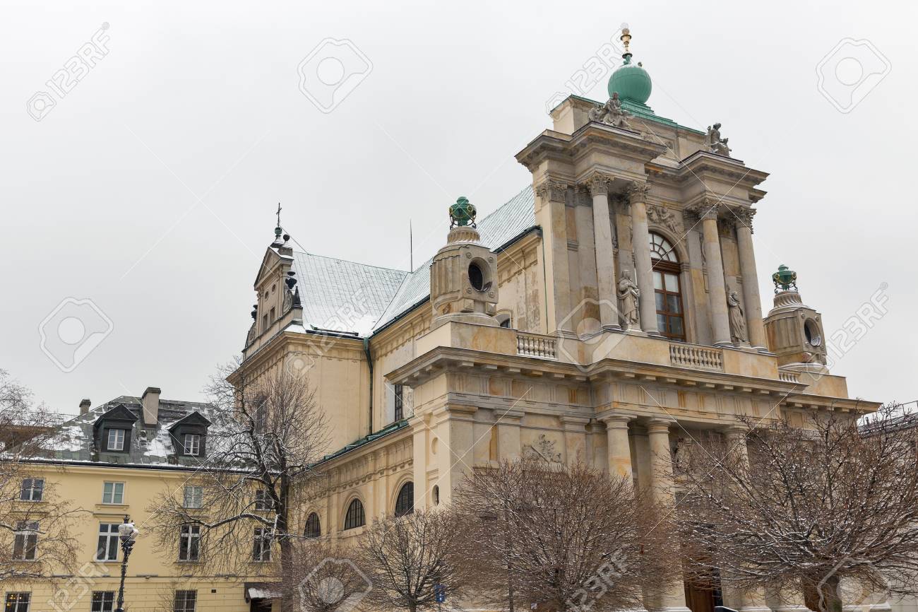 carmelite church at famous krakowskie przedmiescie street in stock
