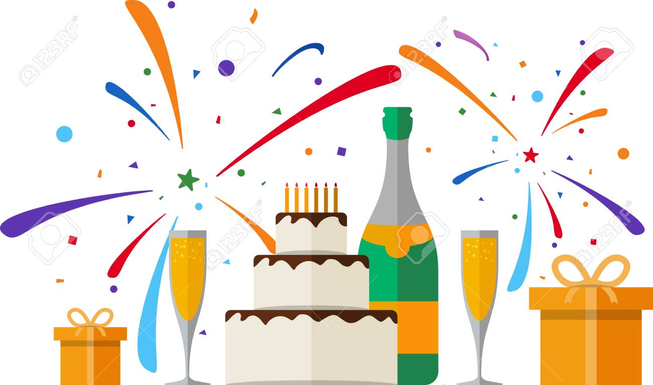 Happy Birthday Card. Set Of Champagne, Gift Boxes, Fireworks And Cake.  Royalty Free SVG, Cliparts, Vectors, and Stock Illustration. Image 52733235., image size:1300x767