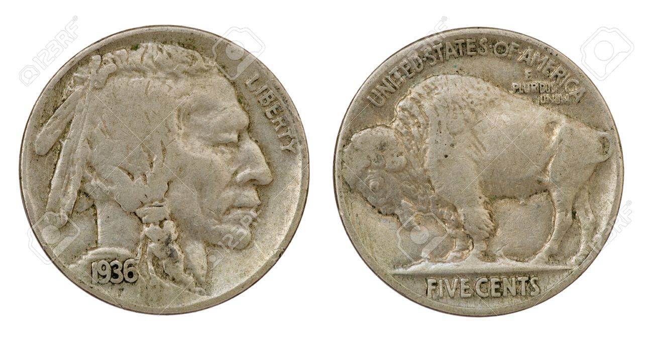 Obverse And Reverse Of A 1936 Indian Head Buffalo Five Cent Nickel Coin Isolated On White Obverse And Reverse Of A 1936 Indian Head Buffalo Five Cent Nickel Coin Isolated On White