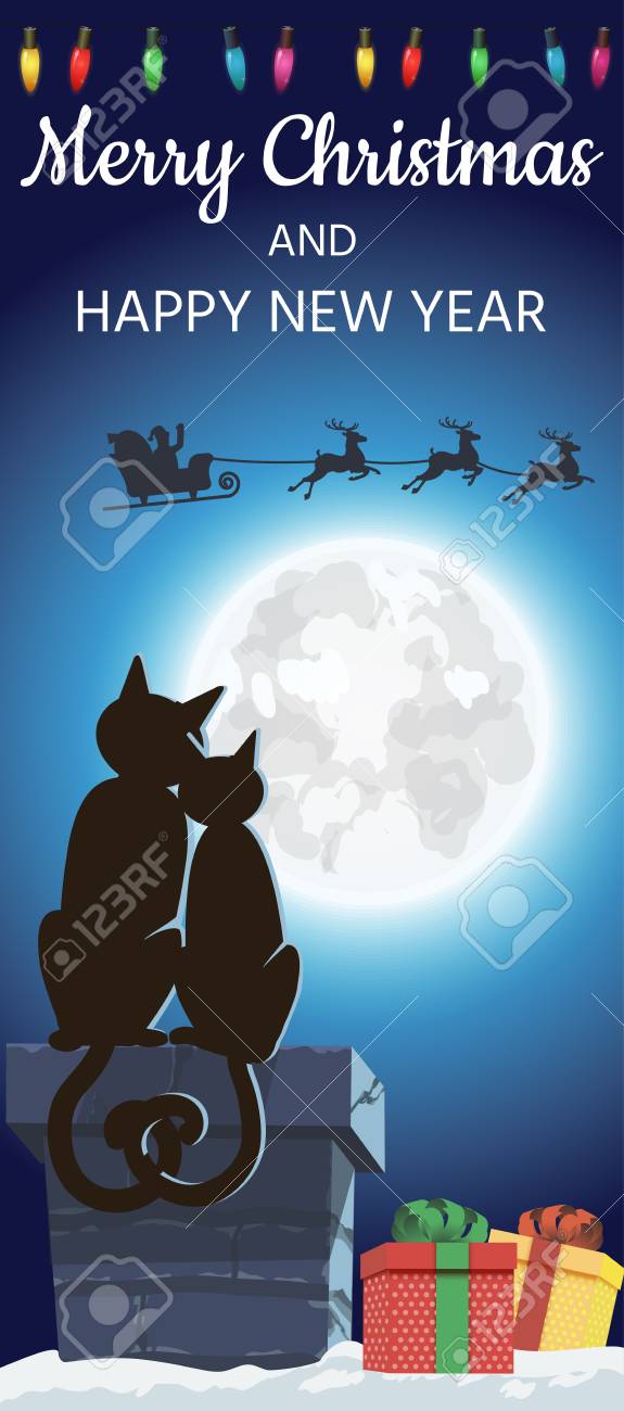 メリー クリスマス雪冬夜と夢中 Cats Vector イラストのカップル月にサンタのシルエットのイラスト素材 ベクタ Image