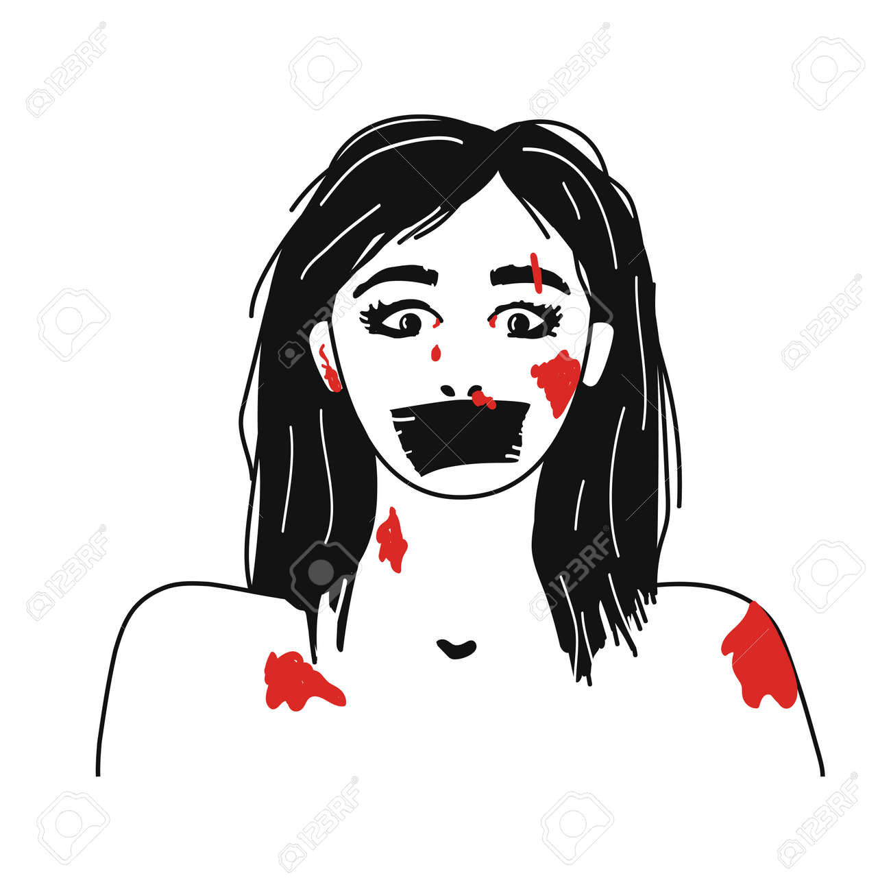 レイプ　女の顔 口をテープで閉じた若い女性のおびえた顔。虐待とレイプの象徴。女性の不安の問題。のイラスト素材・ベクター Image 187459246
