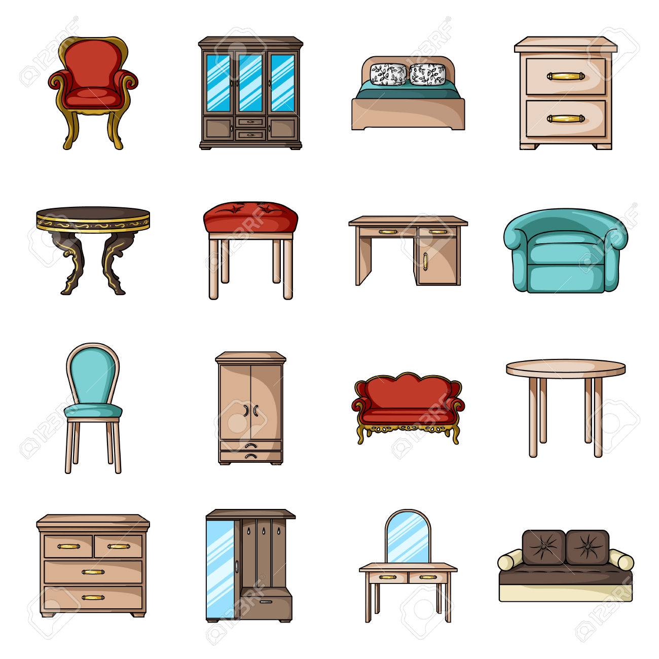 Iconos De Los Muebles Y El Conjunto Interior De Una Casa En Estilo De Dibujos Animados. Gran Colección De Muebles Y Hogar Interior Vector Símbolo De La Ilustración Ilustraciones Vectoriales, Clip Art