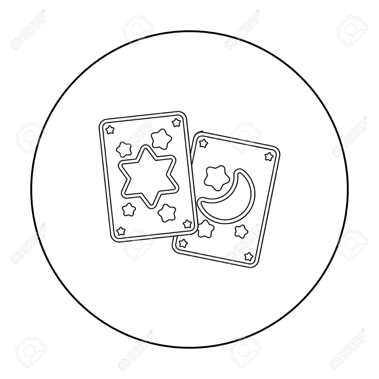 アウトライン スタイルの白い背景で隔離のタロット カード アイコン 黒と白の魔法のシンボル株式ベクトル イラスト のイラスト素材 ベクタ Image