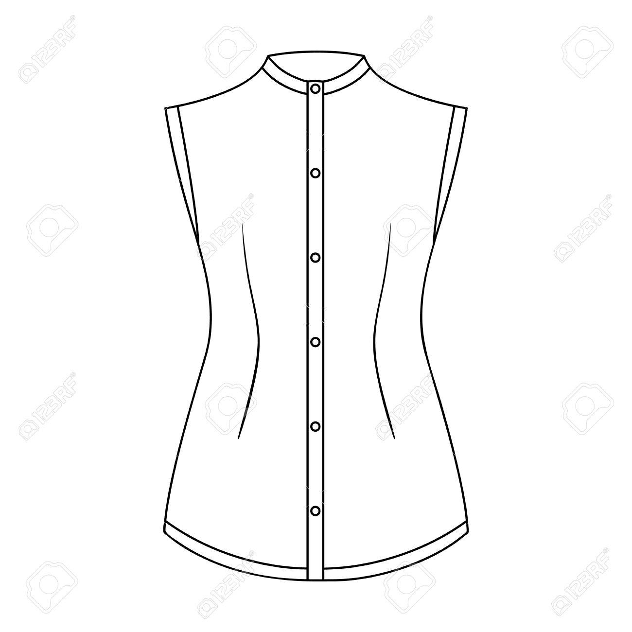 女の子のための袖がなくベージュ ボタンダウン シャツ カジュアルなドレス スタイル 女性の服のアウトライン スタイルのベクトル記号の 1 つのアイコン ストック イラスト のイラスト素材 ベクタ Image