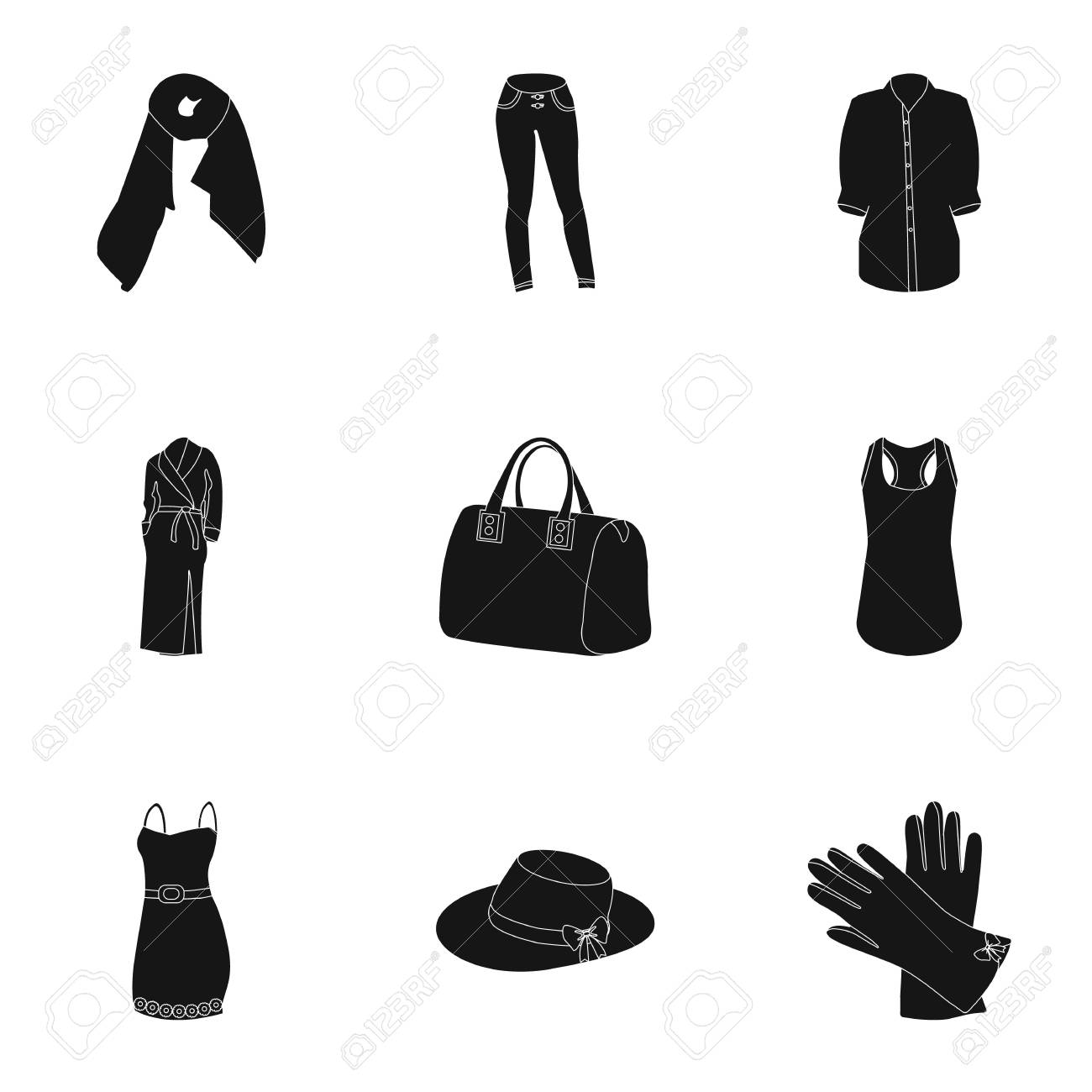 婦人服の種類の写真画像 アウターや女性と女の子のための下着 黒スタイル ベクトル シンボル ストック イラストをセットのコレクションの女性服アイコン のイラスト素材 ベクタ Image