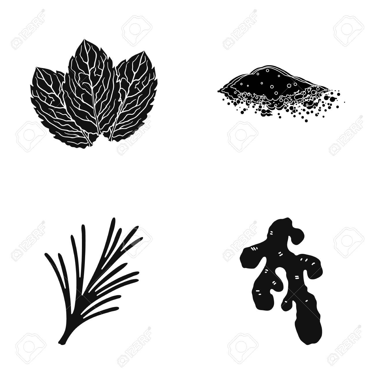 ミント バジル 生姜のルート パプリカ ハーブやスパイス 黒スタイル ベクトル シンボル ストック イラスト Web コレクションのアイコンを設定します のイラスト素材 ベクタ Image