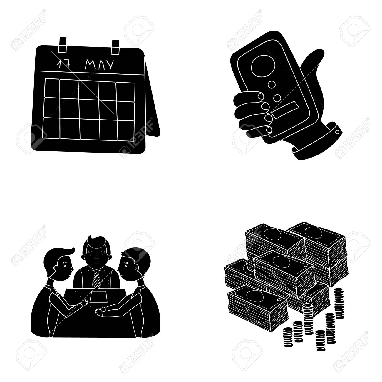 カレンダー 電話会議 契約 現金 ビジネス会議や交渉 ブラック スタイル ベクトル シンボル ストック イラスト Web でコレクションのアイコンを設定します のイラスト素材 ベクタ Image