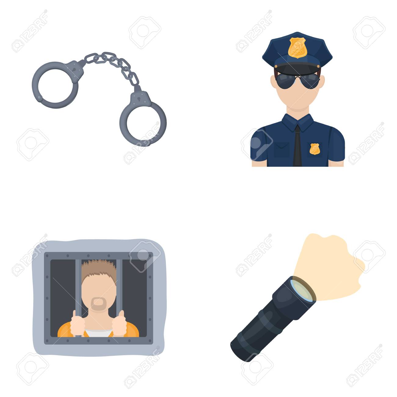 手錠 警官 囚人 懐中電灯 警察は 漫画スタイルのベクトル シンボル ストック イラスト Web のコレクションのアイコンを設定します のイラスト素材 ベクタ Image