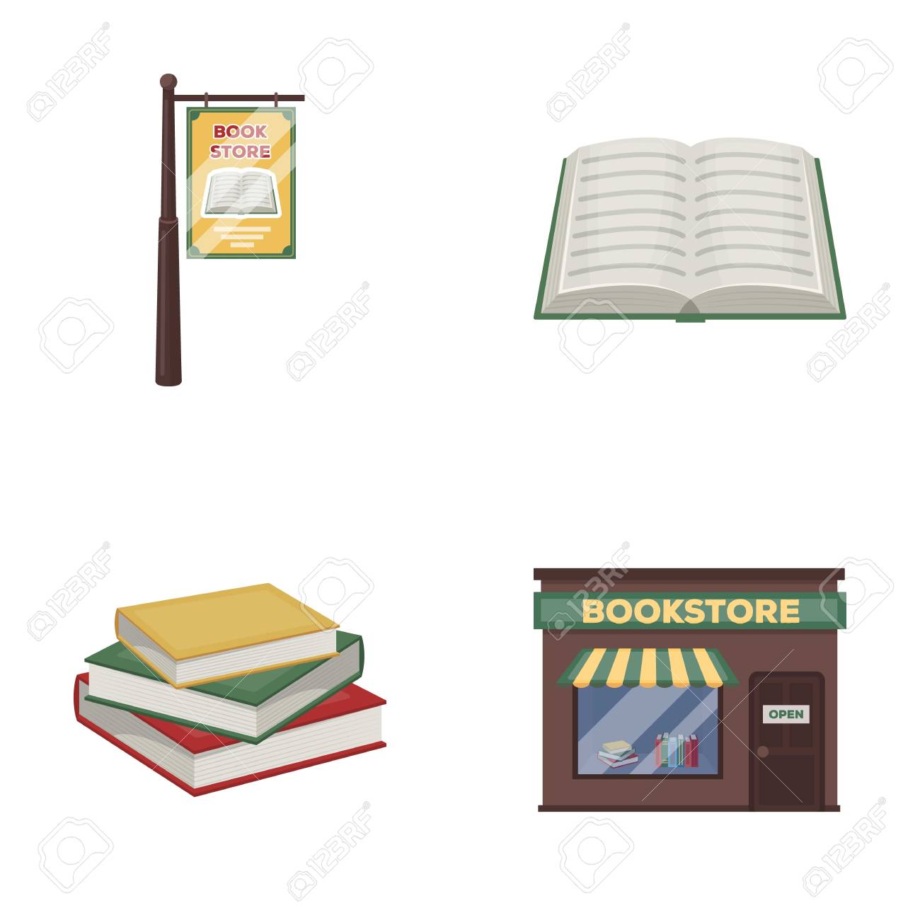 看板 書店 書籍のスタック 開かれた本 図書館と本屋漫画スタイルのベクトル シンボル ストック イラスト Web のコレクションのアイコンを設定します のイラスト素材 ベクタ Image
