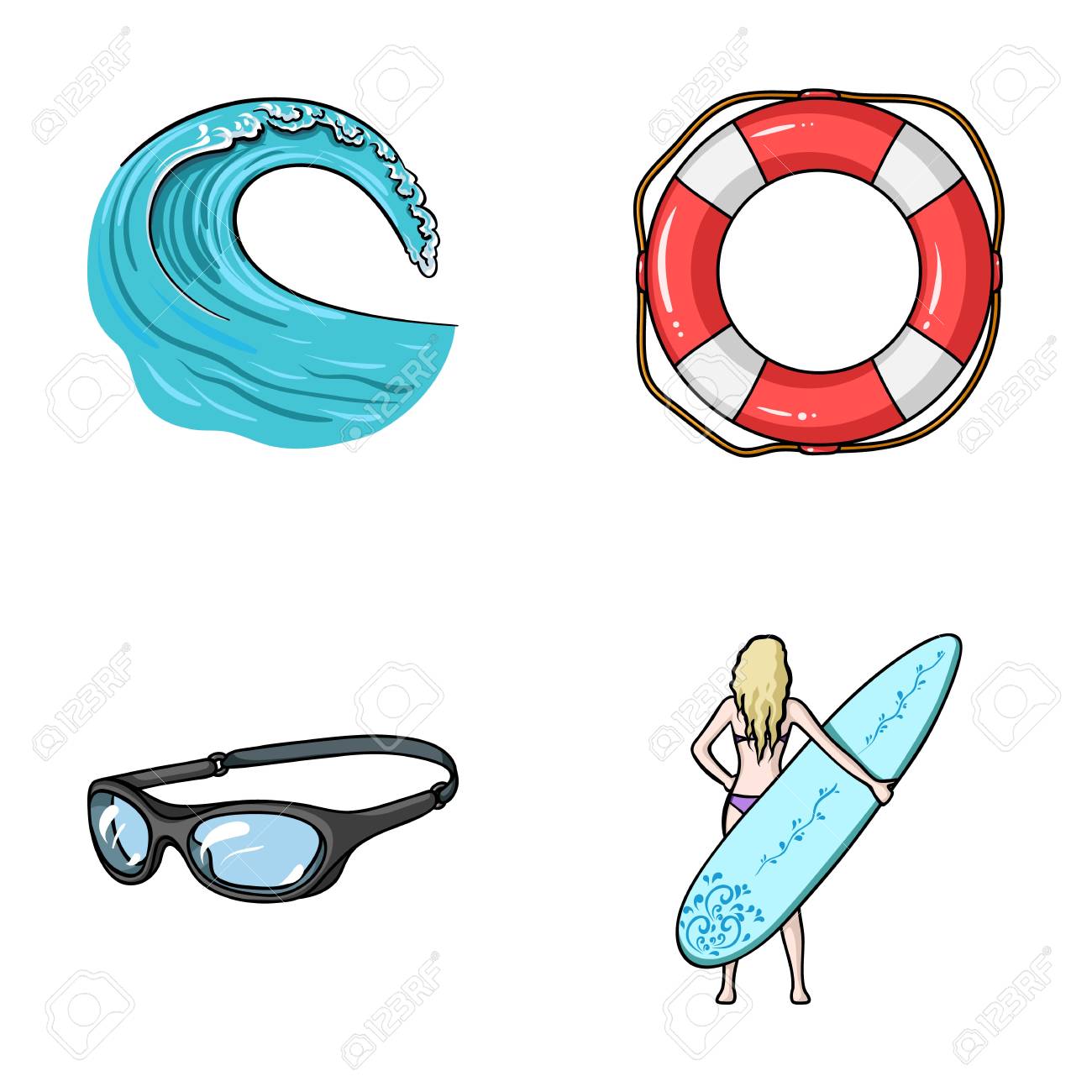 対向波 ライフリング ゴーグル サーフィンの女の子 サーフィンは 漫画スタイルのベクトル シンボル ストック イラスト Web のコレクションのアイコンを設定します のイラスト素材 ベクタ Image