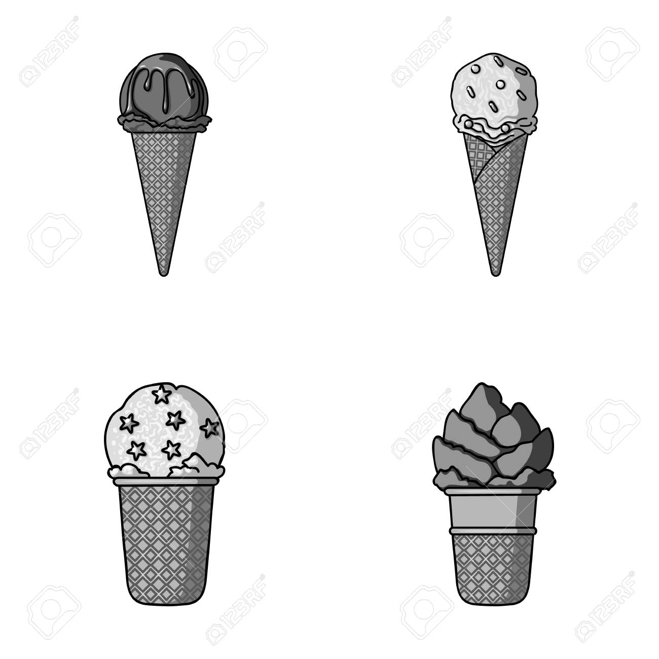 ワッフル コーンや他の種に 棒アイス クリーム アイスクリームは モノクロ スタイル ベクトル シンボル ストック イラスト Web コレクションのアイコンを設定します のイラスト素材 ベクタ Image