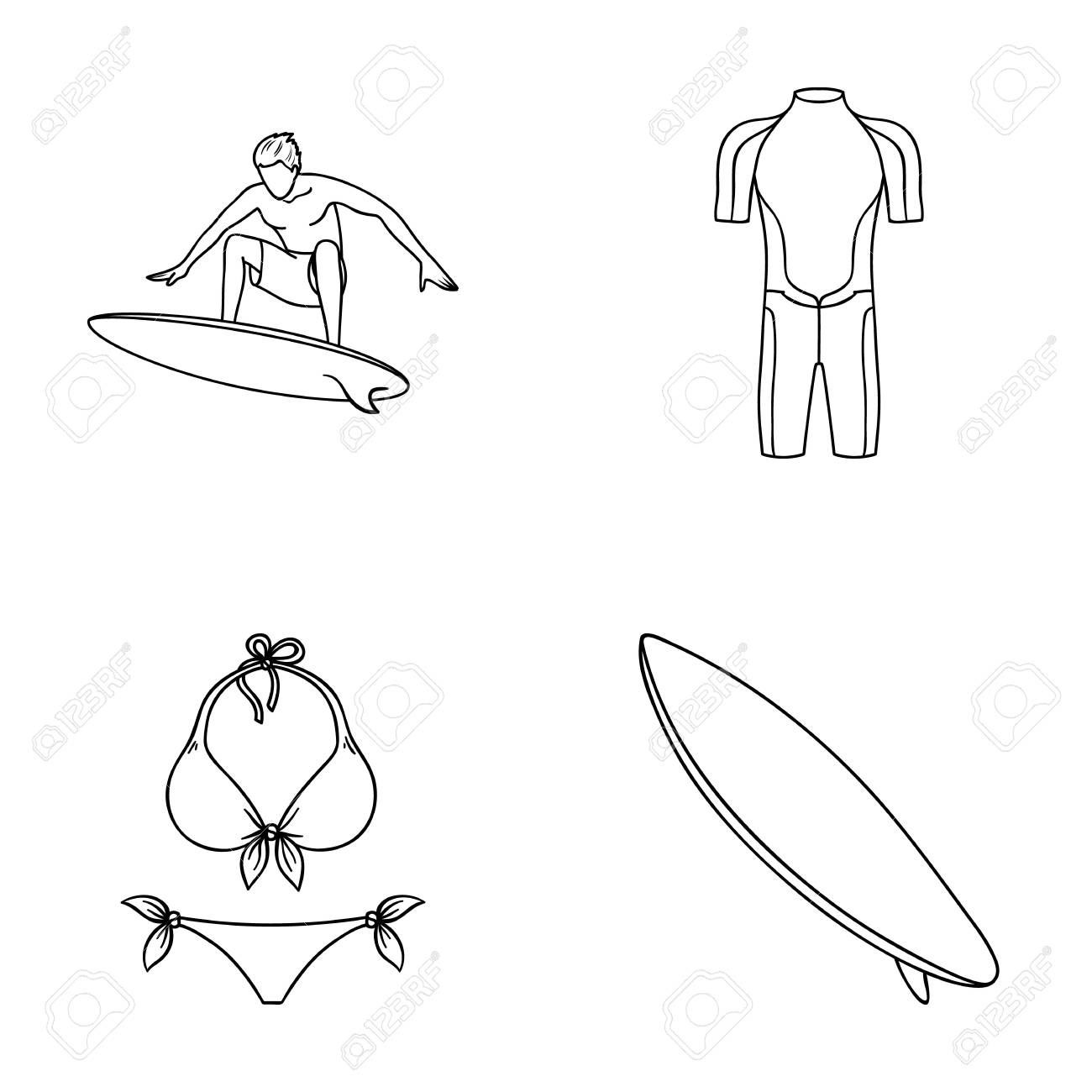 サーファー ウェット スーツ ビキニ サーフボード サーフィンは アウトライン形式のベクトル シンボル ストック イラスト Web のコレクションのアイコンを設定します のイラスト素材 ベクタ Image