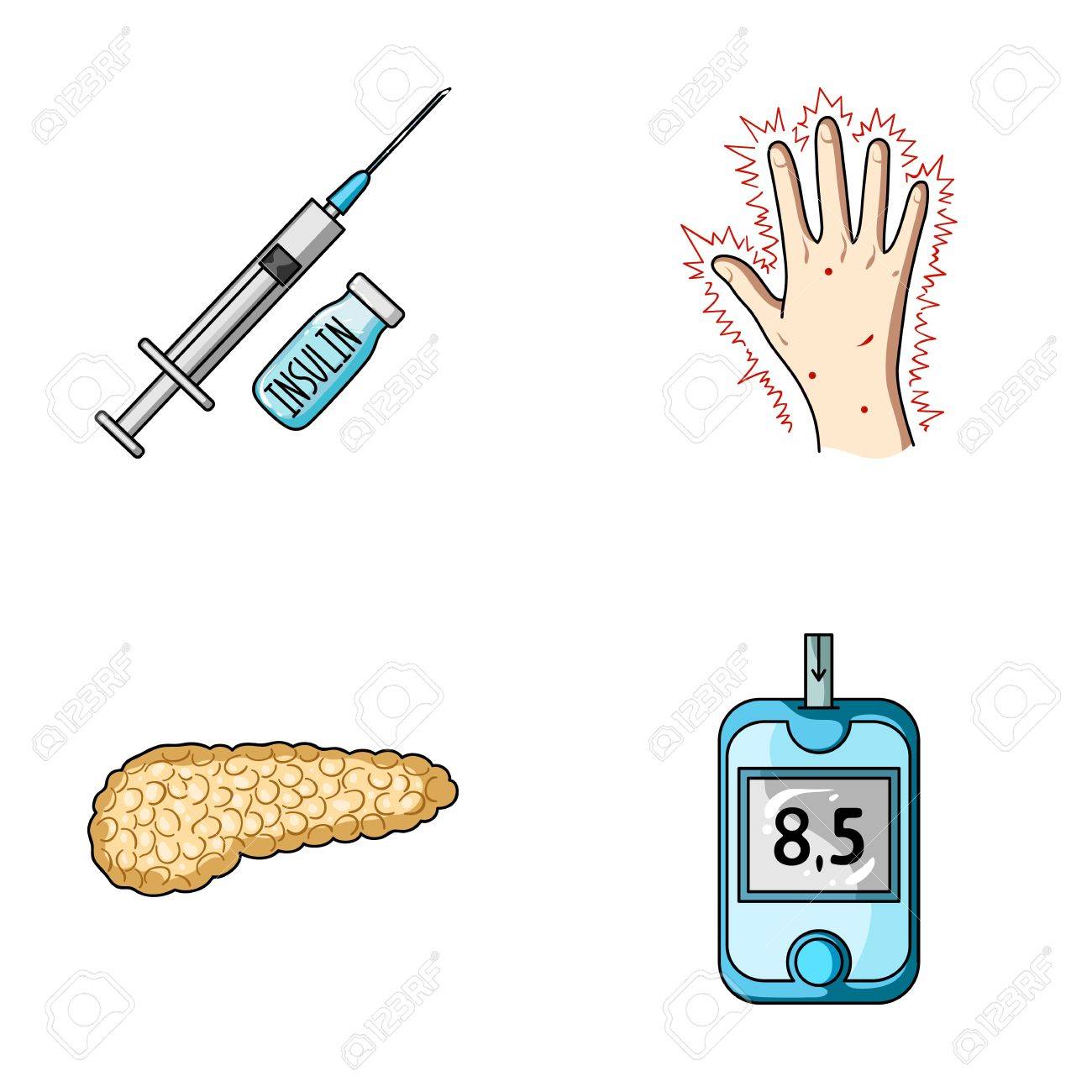 Glucometer 膵臓インスリンと注射器 手の糖尿病 Diabet 漫画スタイルのベクトル シンボル ストック イラスト Web のコレクションのアイコンを設定します のイラスト素材 ベクタ Image