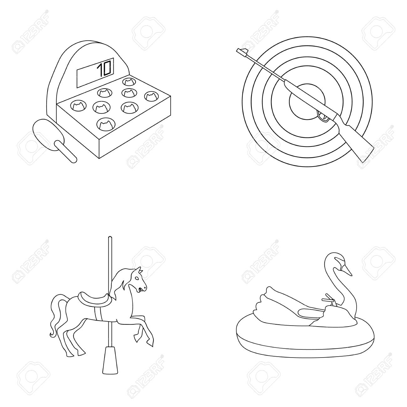 バット 銃でターゲット 白鳥の魅力 メリーゴーランドの馬とのゲーム 遊園地は アウトライン スタイルのベクトル シンボル ストック イラスト Web でコレクションのアイコンを設定します のイラスト素材 ベクタ Image 79612864