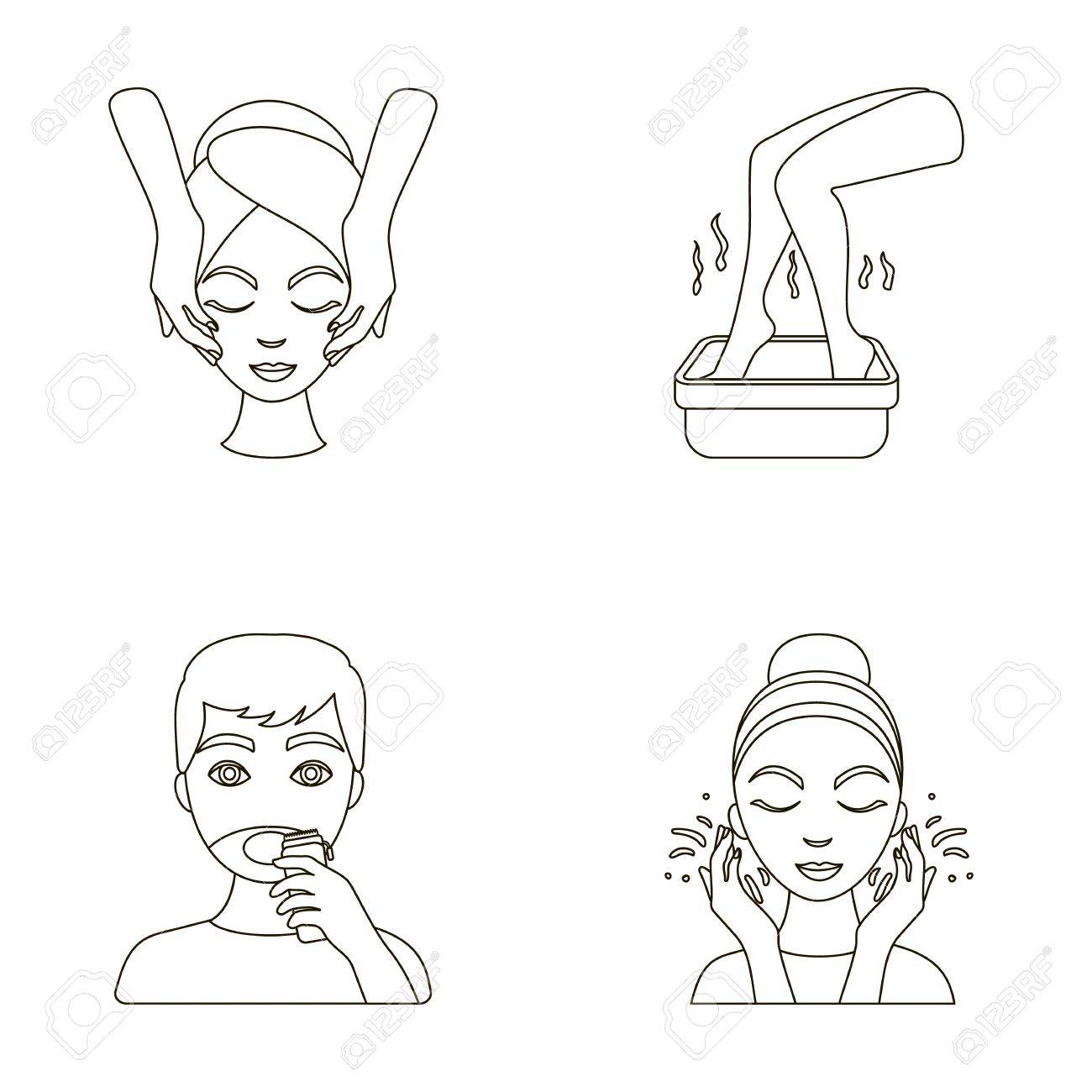 顔マッサージ 足浴 シェービング 洗濯に直面します スキンケアは アウトライン スタイルのベクトル シンボル ストック イラスト Web のコレクションのアイコンを設定します のイラスト素材 ベクタ Image
