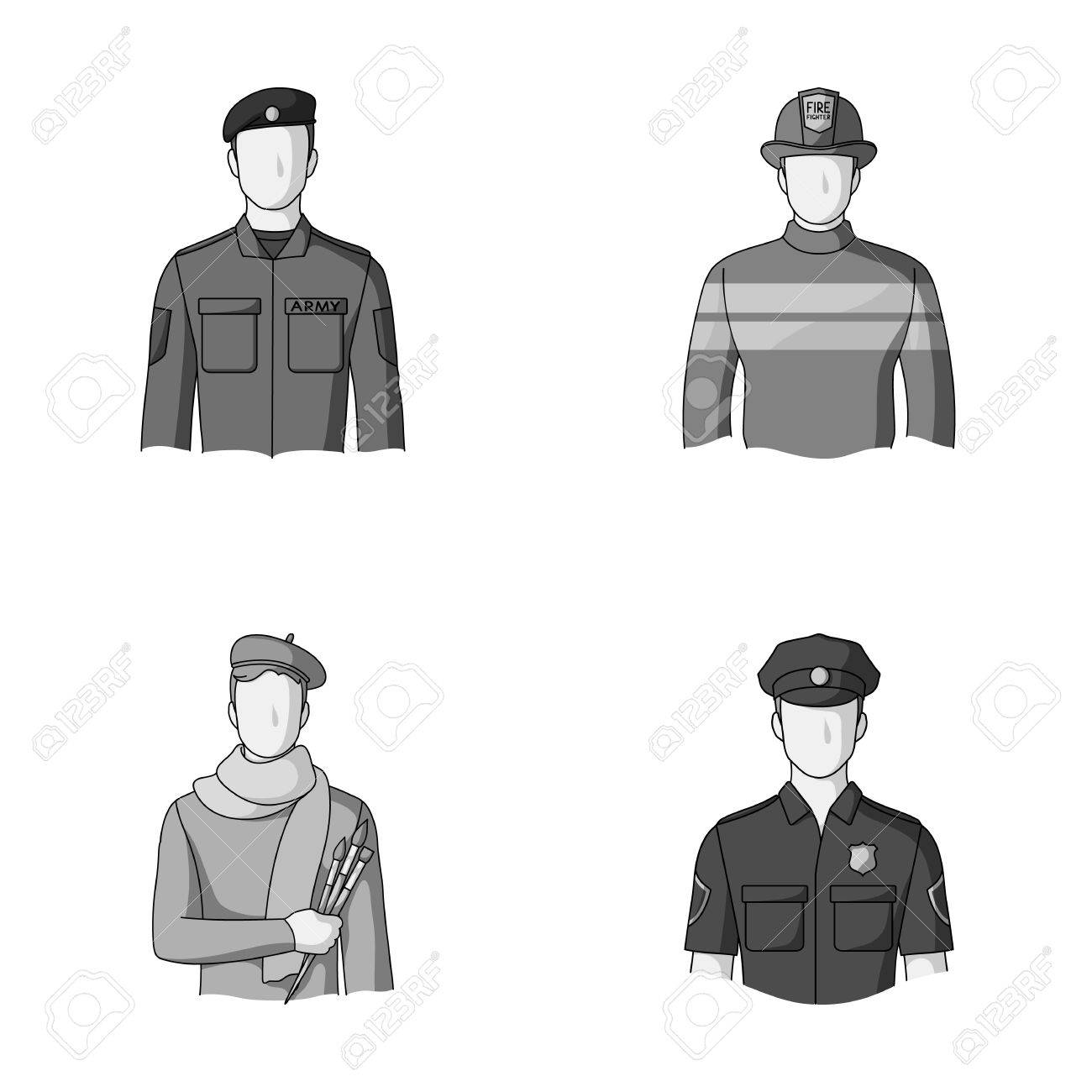 軍隊 消防士 警官のアーティスト職業は モノクロ スタイル ベクトル シンボル ストック イラスト Web のコレクションのアイコンを設定します の イラスト素材 ベクタ Image