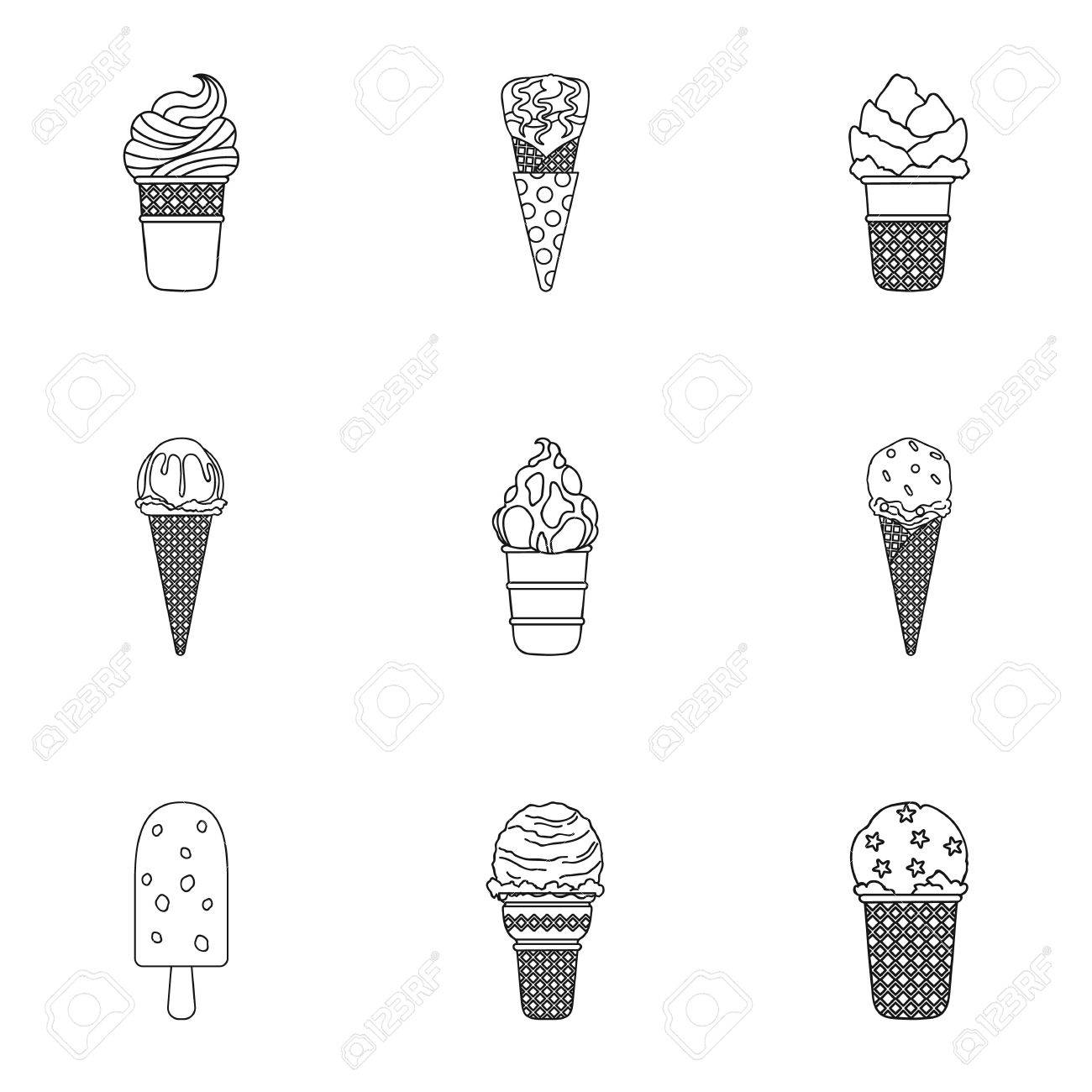 夏のお菓子アイス クリーム アイス フルーツ 牛乳です アウトライン スタイル ベクトル シンボル ストック イラストをセットのコレクションの氷 Creamicon のイラスト素材 ベクタ Image