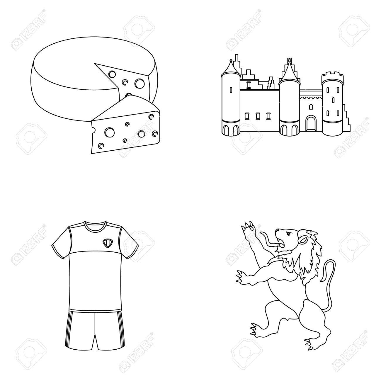 チーズとライオンと国の他のシンボル ベルギーは アウトライン形式のベクトル シンボル ストック イラスト Web のコレクションのアイコンを設定します のイラスト素材 ベクタ Image