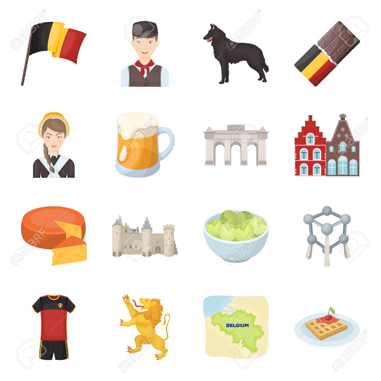 Flag, Brussels, chocolate, cheese, stained glass, lion, and other symbols. Belgium set collection icons in cartoon style vector symbol stock illustration web. - 81412443 Flag, Brussels, chocolate, cheese, stained glass, lion, and other symbols. Belgium set collection icons in cartoon style vector symbol stock illustration web. - 81412443
