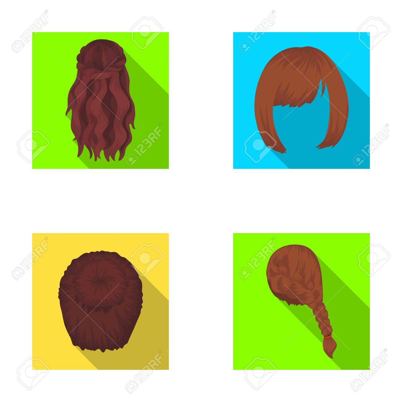 カラ 赤い三つ編みとヘアスタイルの他の種類 戻るヘアスタイルは フラット スタイル ベクトル シンボル ストック イラスト Web のコレクションのアイコンを設定します のイラスト素材 ベクタ Image