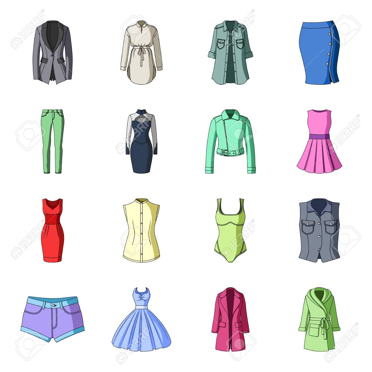 ドレス サラファン 婦人服のコート 婦人服は 漫画スタイルのベクトル シンボル ストック イラスト Web のコレクションのアイコンを設定します の イラスト素材 ベクタ Image
