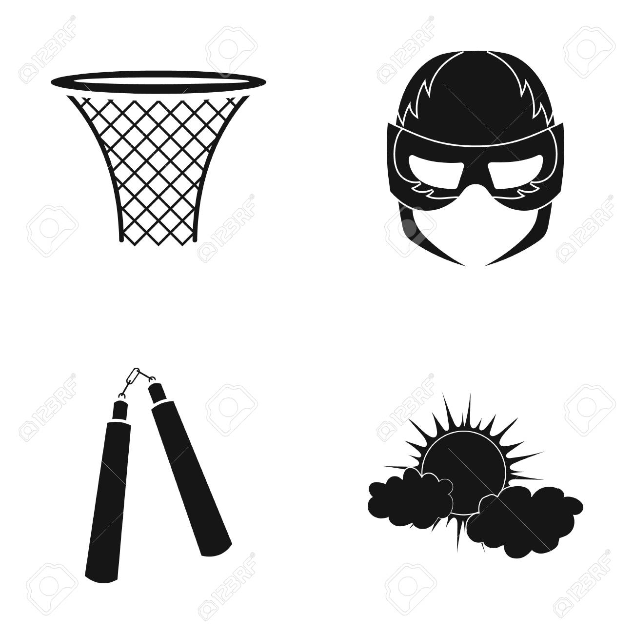 バスケット ボール バスケット マスク 黒のスタイルのアイコン ヌンチャク 雲のアイコン セットのコレクションの太陽 のイラスト素材 ベクタ Image