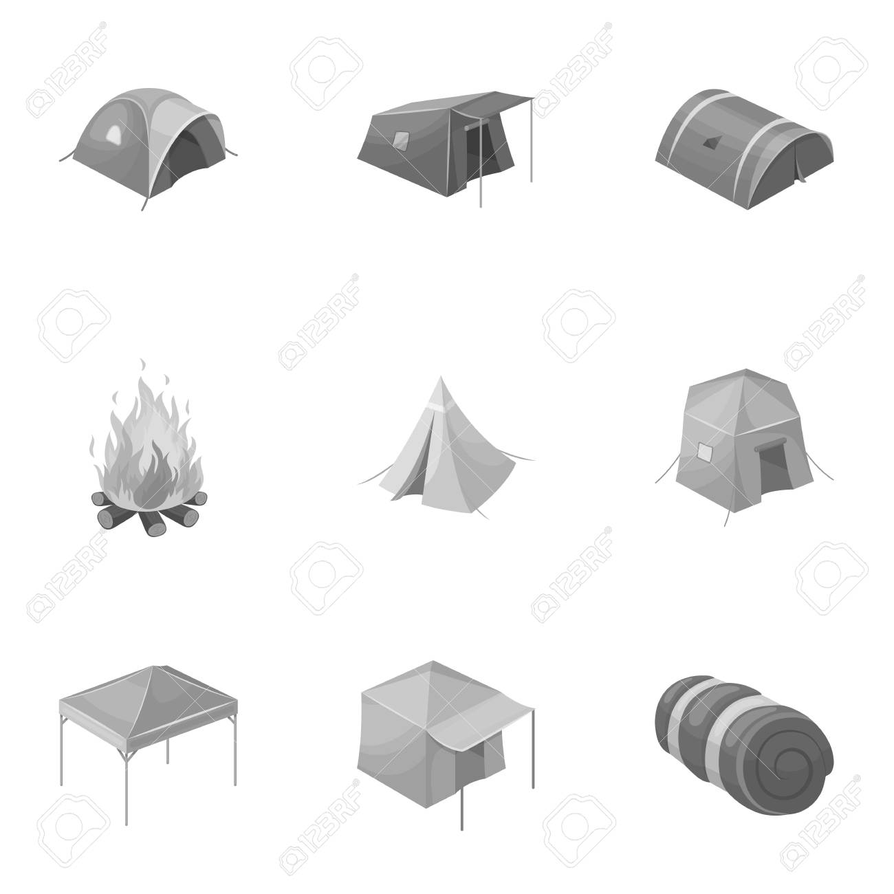 テントやその他の観光のアクセサリーの様々 な種類 テントは モノクロ スタイル ベクトル シンボル ストック イラスト Web のコレクションのアイコンを設定します のイラスト素材 ベクタ Image