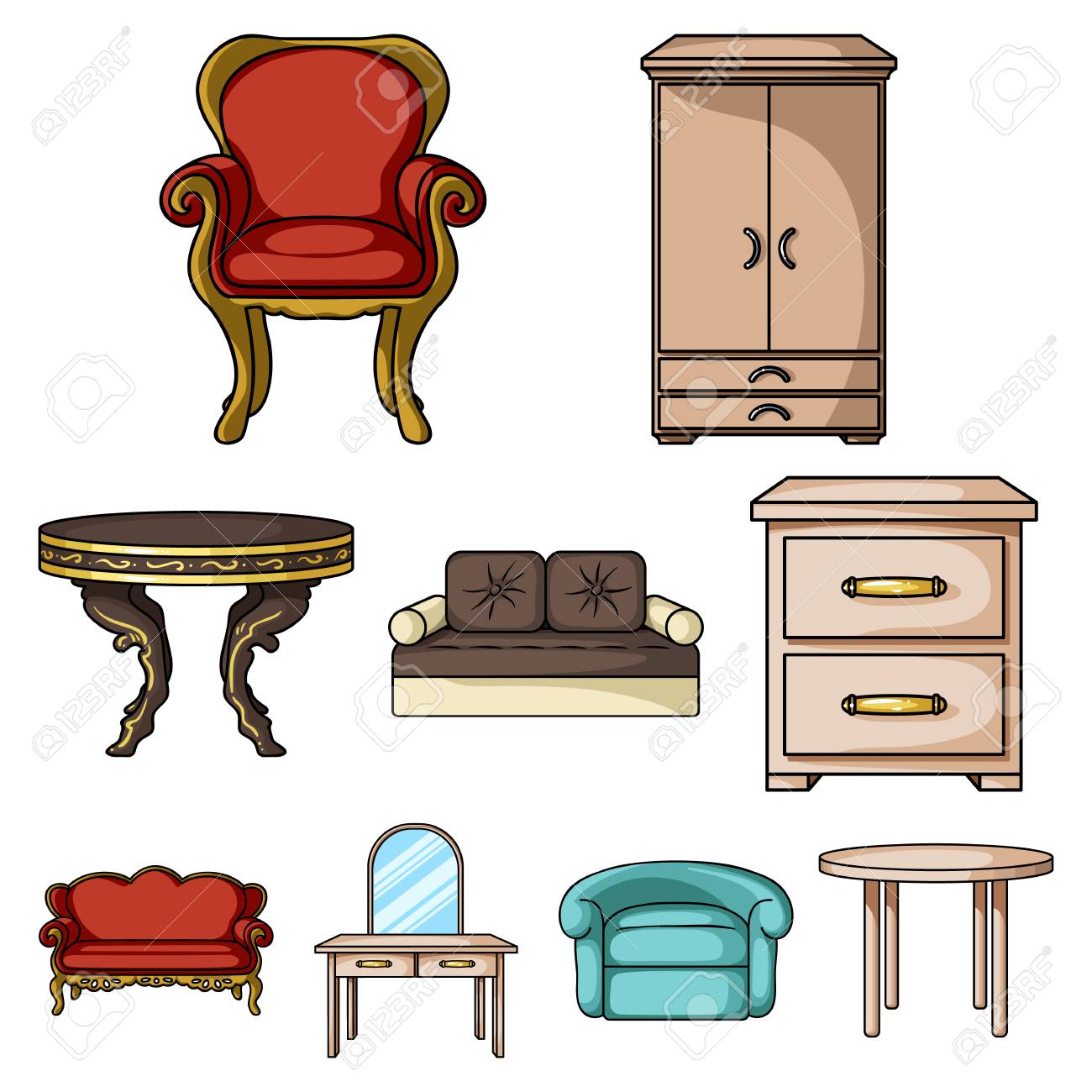 Iconos De Los Muebles Y El Conjunto Interior De Una Casa En Estilo De Dibujos Animados. Gran De Muebles Y Hogar Interior Vector Símbolo De La Ilustración Ilustraciones Svg, Vectoriales, Clip
