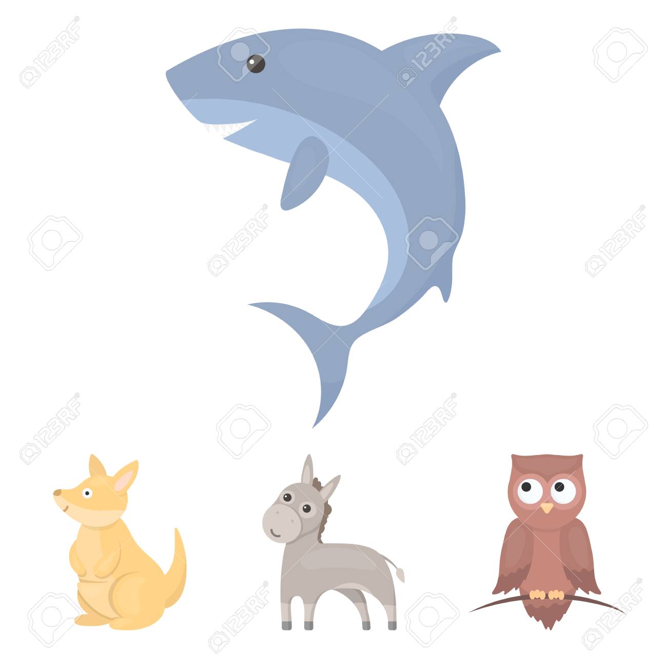 ロバ フクロウ カンガルー サメ アニメ風ベクトルシンボルストックイラストウェブで動物セットコレクションアイコン のイラスト素材 ベクタ Image