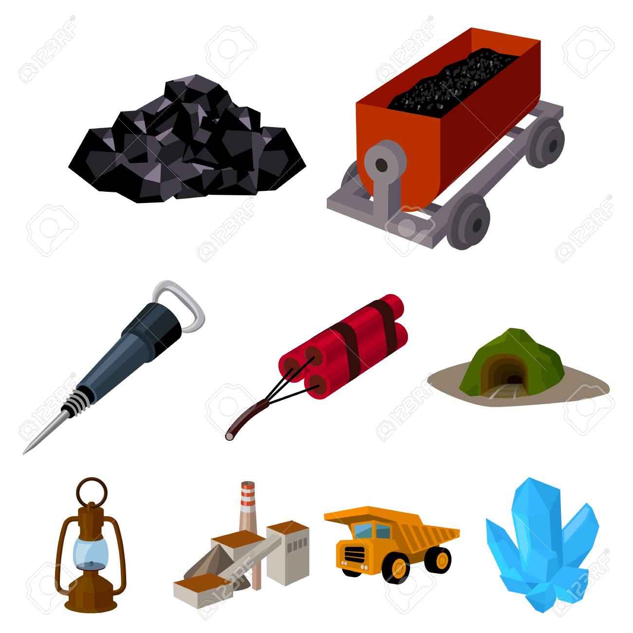Conjunto De Iconos Sobre La Mina La Extraccion De Carbon Minerales Proteccion De Los Mineros Procesamiento De Carbon Mine Icono Industral En La Coleccion De Conjunto De Estilo De Dibujos Animados Vector Simbolo