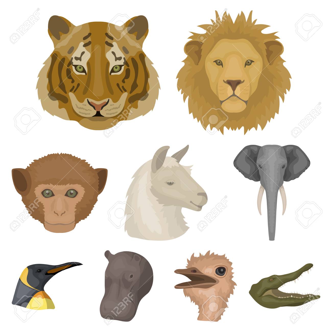 野生動物のアイコンのセット 捕食と平和的な野生動物 漫画のスタイルベクトルシンボル株式ウェブイラスト上のセットコレクションで現実的な動物のアイコン の イラスト素材 ベクタ Image