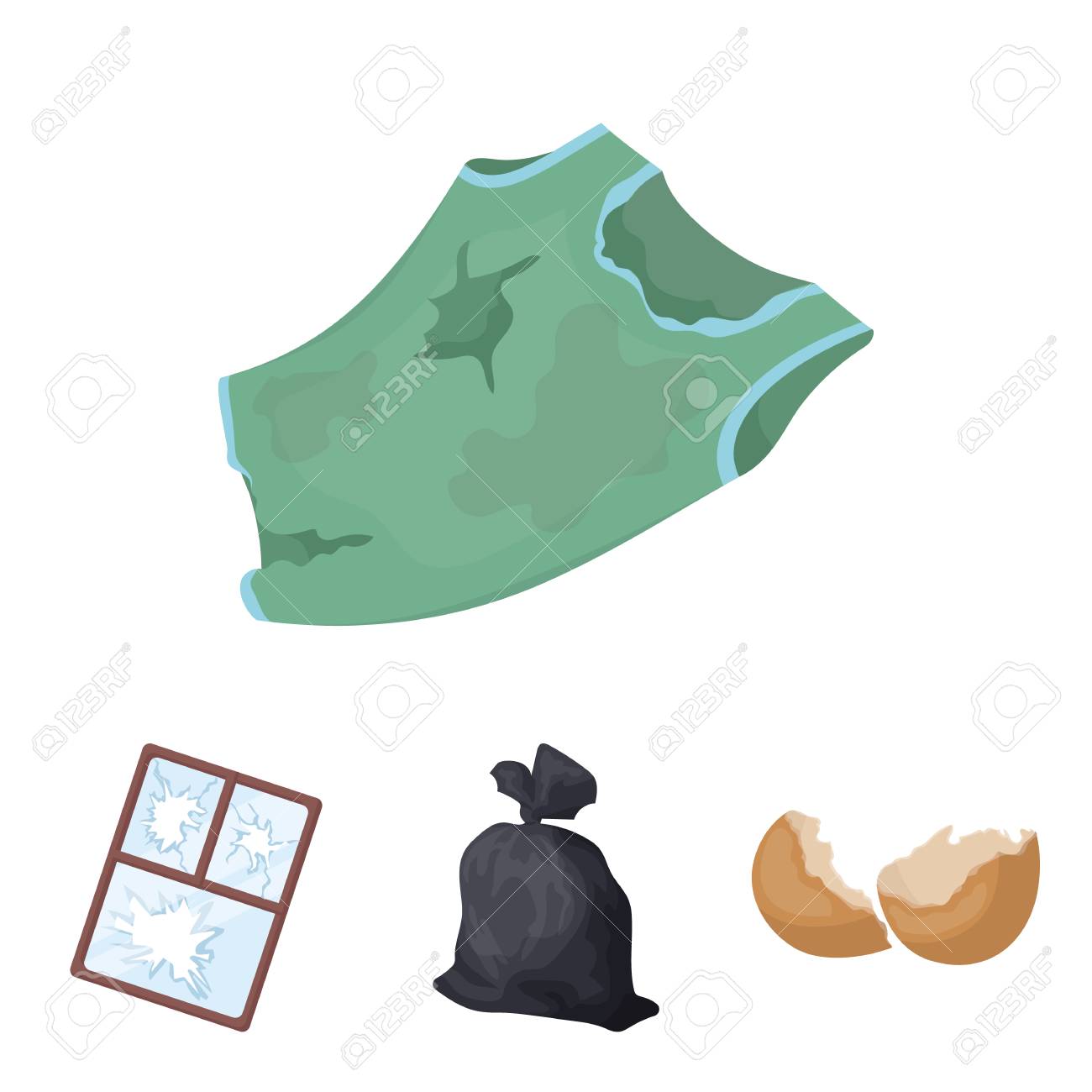 ゴミ袋 壊れた卵の殻 破れた汚い T シャツ ガラスの割れた窓枠 のイラスト素材 ベクタ Image