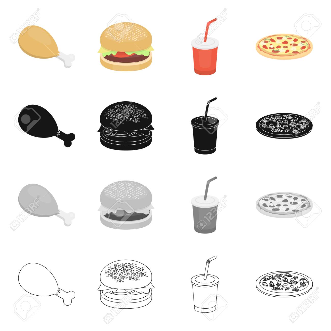 鶏の足 ファーストフードバーガー コーラグラス ピザ漫画の黒のモノクロのアウトラインスタイルベクトルシンボルストックイラストウェブでファーストフードセットコレクションのアイコン のイラスト素材 ベクタ Image